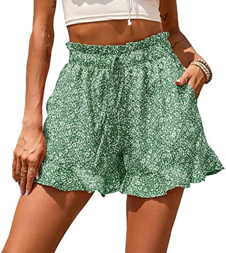 LMSXCT shorts casuais femininos verão boho ruffles praia shorts de cordão elástico cintura elástica bolsões de impressão floral