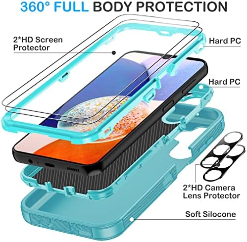 KECAI PARA SAMSUNG Galaxy A14 5G Case com protetor de tela 2x+2x Câmera Protetor de lente, queda de serviço pesado/choque/pó de 3 camadas