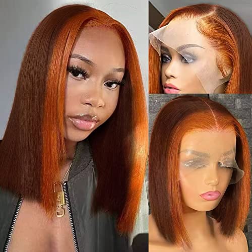 Ginger laranja Destaque Skunk Stripe Short Bob Wigs Humano Cabelo marrom marrom reto Bob perucas ombre 13x4 HD Lace Frontal Wigs