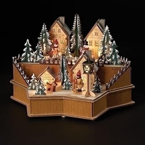 Natal por Roman, coleção Woodworks, formato de estrela led de 8 h com cena, madeira a laser; bateria op n/incl, decoração em