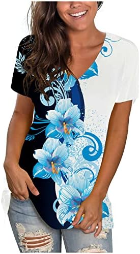 Camiseta de algodão para mulheres Summer Summer outono 2023 Manga curta v pescoço gráfico floral tee casual bz bz