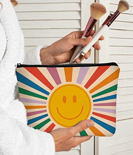 Bolsa de maquiagem Preppy de rosto sorridente vintage, Boho Sun Colorful Sunshine Ray Ray Bolsa Cosmética Melhor Presente