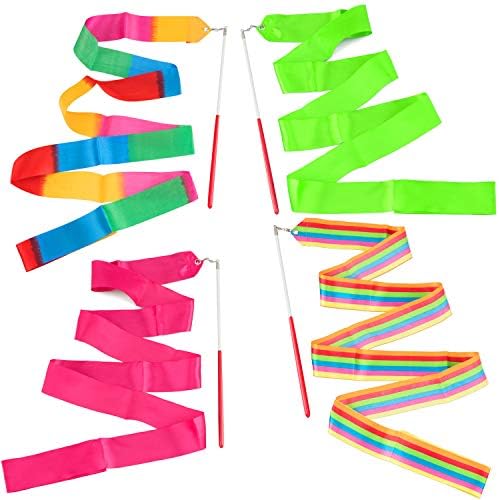 Ancirs 4 pacote fitas de dança de 2 metros, fitas de ginástica rítmica de arco-íris, varinhas girando bastões em bastões para dança