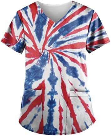 4 de julho camisetas para mulheres bandeira americana de verão de manga curta V Tees pescoço com 2 bolsos Bloups Holiday Casual