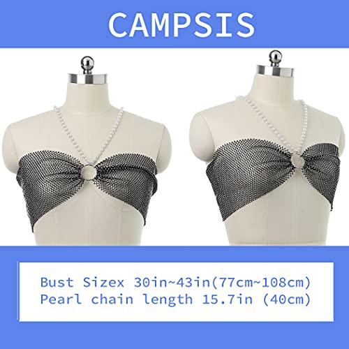 Campsis Bling Crystal Bikini Crop Tops Black Pearl Mesh Body Body Body Corrent