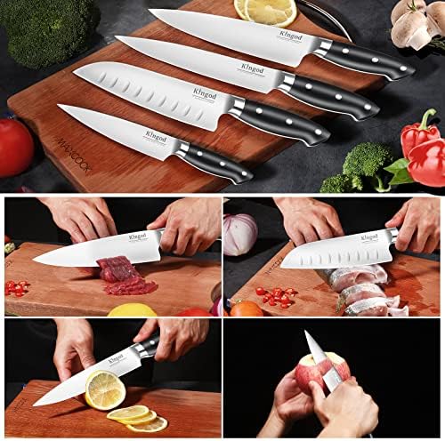 Kingod 4pcs Japanese Chef Knife Set, Ultra Sharp Kitchen Knives Capated Set, 7Cr17Mov High Carbon Alemão Aço inoxidável com alça ergonômica, Faca de cozinha profissional multiuso conjunto