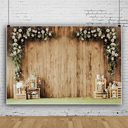 Dashan 12x8 pés de poliéster cenário de cenário rústico floral floral parede de madeira cenário de pano de noiva Cerimônia de recepção