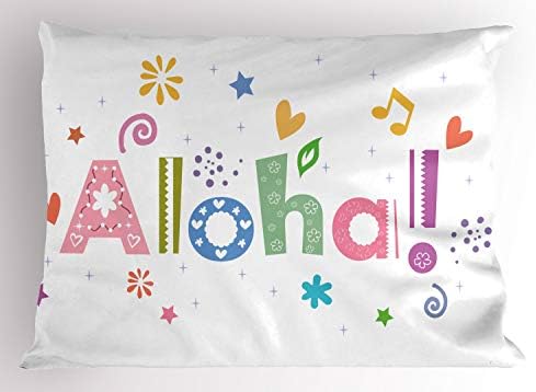 Ambesonne aloha travesseiro farmacêutico, ilustração colorida de redação divertida com redemoinhos corações e motivos