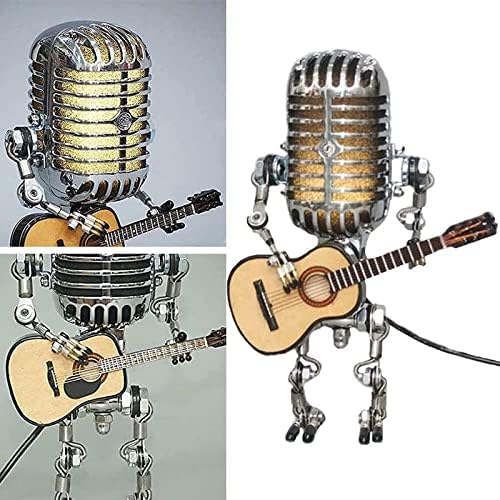 Goniome Vintage Microfone Robot Lâmpada de mesa, lâmpada de robô de microfone de metal com mini guitar