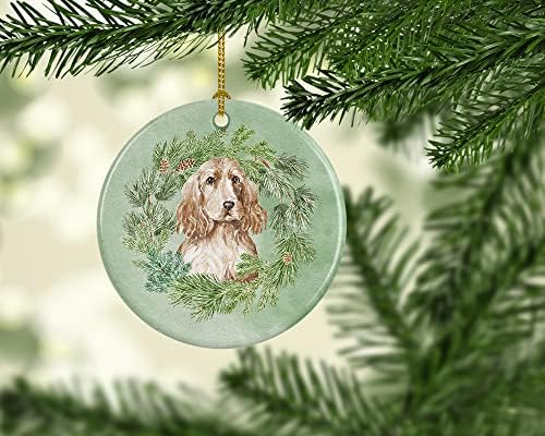 Tesouros de Caroline CK8853CO1 Cocker Spaniel Golden Christmas Wreath Cerâmica Ornamento, decorações de árvores