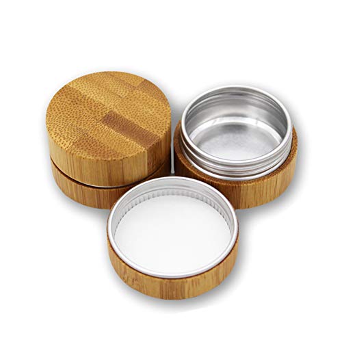 2 pedaços 10 ml de lata de alumínio vazia com casca de bambu recipientes de amostra de amostra de metal redondo potes de lata de bambu de bambu redondo frascos cosméticos de bambu com tampas de parafuso para maquiagem amostra de loção labial