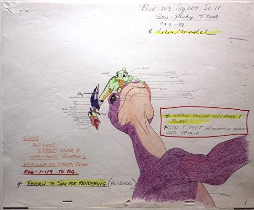 Terra antes do tempo, original 1988 - Don Bluth Studios - Modelo colorido Cel e desenho combinando com instruções de pintura coloridas de pequenos pés, patinho e Petri
