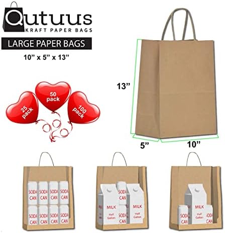 QUTUUS 10X5X13 Kraft Paper Sacos 100 PCs Sacos de compras kraft, sacos de presente de papel, sacos de varejo, sacos de papel a granel reciclados, sacos de papel marrom com alças a granel