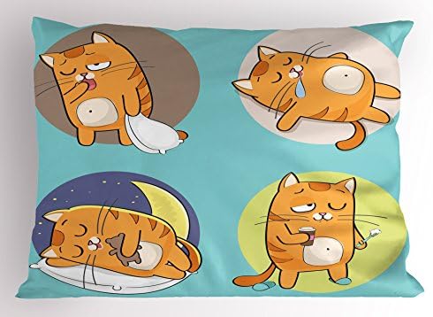 Almofada de travesseiro de gato lunarable, gato de desenho animado em várias poses Sonhando Sonhando Sonhando Comic Comic, Passagem impressa em tamanho padrão decorativo, 26 x 20, Turquesa de damasco de damasco cinza