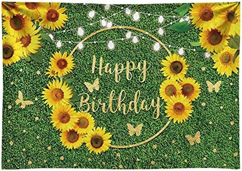 Girassóis engraçados de feliz aniversário festas cenários menina menina borboleta verde dourado glitter grama grama fotografia de fundo marco decoração bolo bandeira
