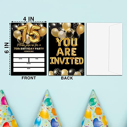 Cartões de convites para festas de 75 anos, convite de aniversário de adultos negros e dourados, convites de preenchimento de