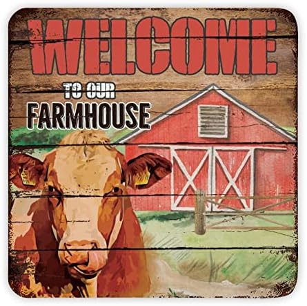 Placa de metal vintage placa grão de madeira rústica bem -vindo ao nosso fazendas de fazenda animais de fazenda Cow e celeiro Funny