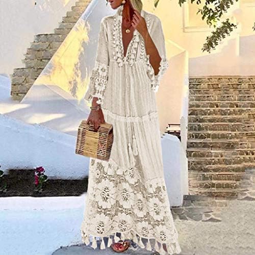 Vestido Boho Maxi de verão feminino PLATA TAMANHO CROCHET TASSEL V DRESSÃO VENDO LONGO DRESSO DE PRAIA CUSUAL