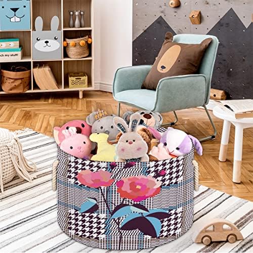Flor Floral Plaid Grandes cestas redondas para cestas de lavanderia de armazenamento com alças cestas de armazenamento de cobertor