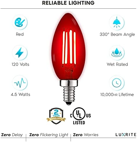 LUZRITE E12 LED LED LUZ RED LUZES, 4,5W, lâmpada de candelabra de vidro colorido, UL listado, base E12, externo interno,