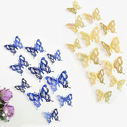 Decoração de parede de borboleta em 3d 24 PCs, decorações de borboleta dourada colorida de ouro azul removível para
