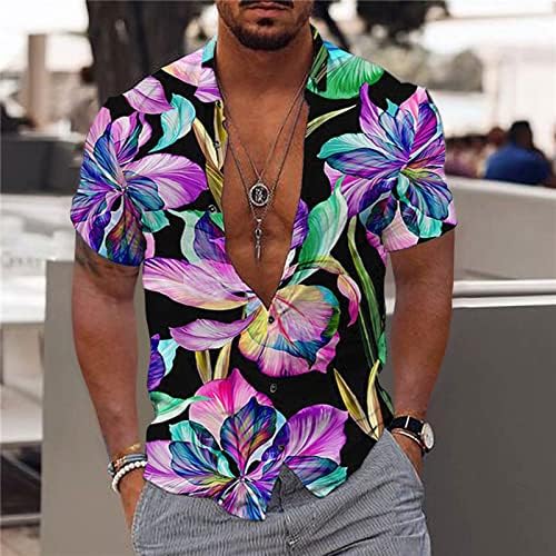 Camisa havaiana masculina Algodão de algodão curto Button Down Shorts soltos camisetas de praia de férias estampadas
