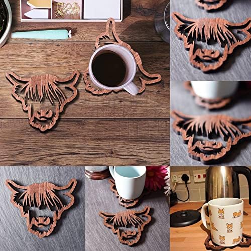 2023 New Highland Cow Coasters Home decortive Wooden Hollow Out Scottish Cow Drinks Declation Decoração de desktop