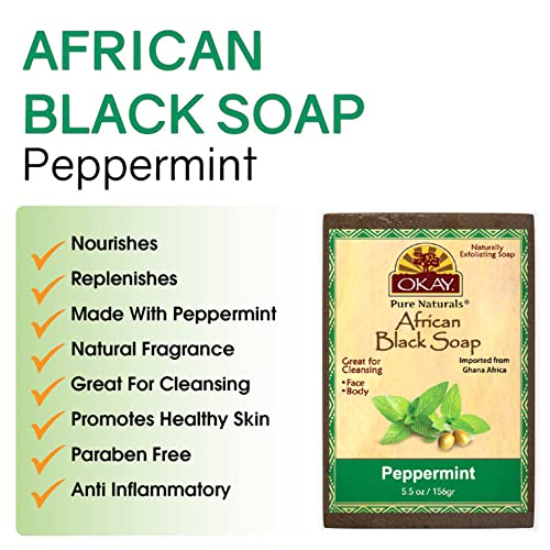 Ok | Sabão preto africano com hortelã -pimenta | Para todos os tipos de pele | Limpeza e esfolia | Nutre e cura | Livre