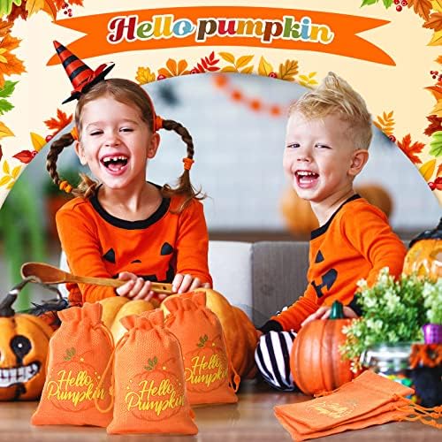 24 PCs 4 x 6 polegadas Sacos de presente de estopa para crianças Hello Pumpkin Goody Treat Sacols com truques de travessuras ou sacos