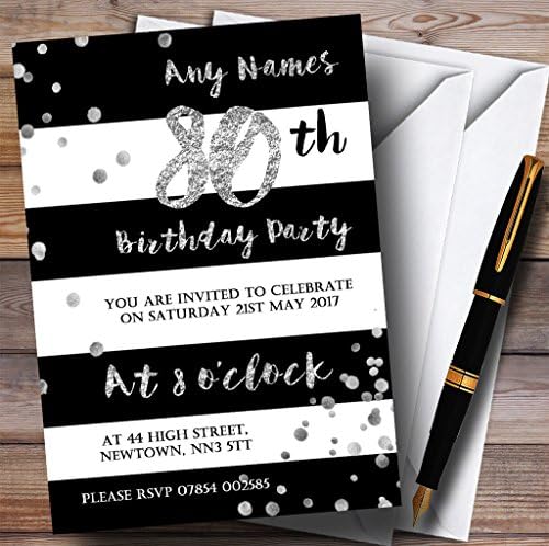 Confetos de prata branca preto 80º convites de festa de aniversário personalizados