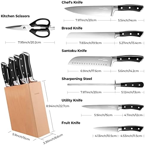 Conjuntos de faca Oaksware, faca de 8 peças conjunto para cozinha com bloco, facas de chef de aço inoxidável alemão conjunto