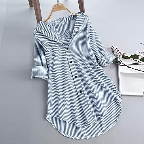 Listra impressa na manga laminada camiseta feminina tops de primavera botão de gola virada para baixo camisetas top top