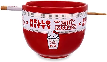 Buffalo de prata Sanrio Hello Kitty x Nissin Cup Macarrão Vermelho Cerâmica Red Louças de jantar | Inclui tigela de macarrão ramen e pauzinhos de madeira