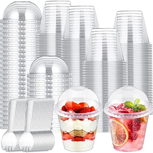 Rtteri 300 pacote 9 oz copos de sobremesa plásticos transparentes com tampas e colheres de aperitivo descartável xícaras de parfait
