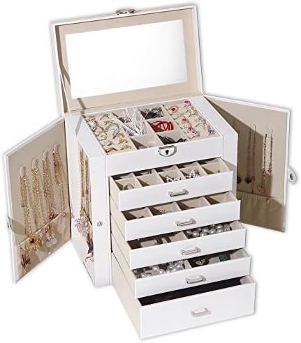 Boovo Jewelry Box for Women, organizador de jóias grandes de 6 camadas com espelho, caixa de armazenamento multifuncional