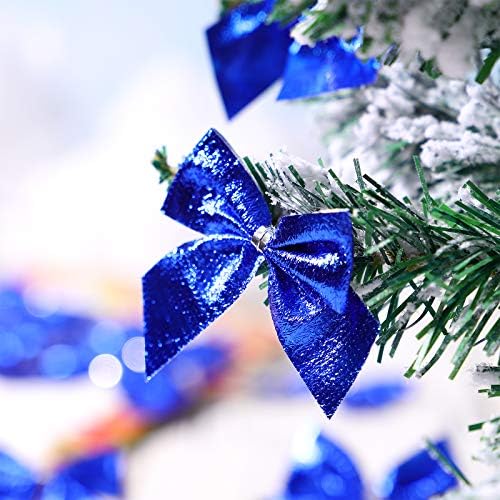 Decoração de festa 60pcs de Natal mini arcos Glitter Bow Ornament Blue Bows for Christmas Tree Blue Wreaths Arcos decorativos para embrulhar presentes de festa de Natal