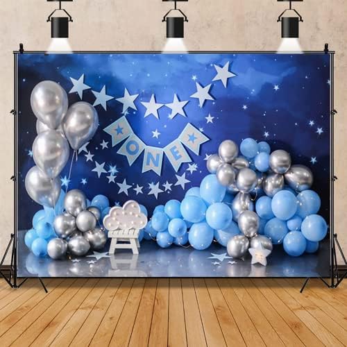 1º Feliz Aniversário Balões Azul e Prata Estrelas Stars Boy 1st Bday Party Baskdrop para Recém