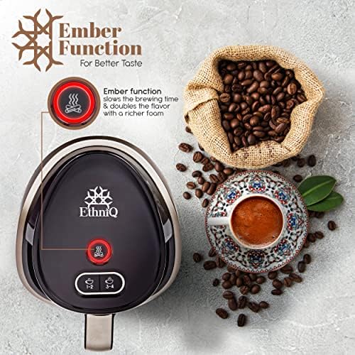 Ethniq Turkish Coffee Hand - BPA grátis, 120V, 1 a 4 xícara de fabricação de cerveja com tecnologia Cook Sense para deliciosa xícara de café turco e grego, cafeteira turca - preto/prata
