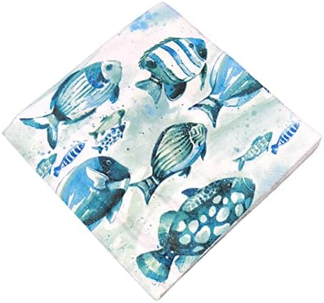 40-CT 13 X13 Náutico de papel com tema de 3 camadas com tema da vida | Tons de peixes tropicais aqua nadando no oceano | Nudários decoupage