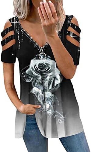 Lady Blouse Fall Summer 2023 Roupas Trendy off Ombro de manga curta Vil de algodão V zip -up camisa de blusa para mulheres 29 29