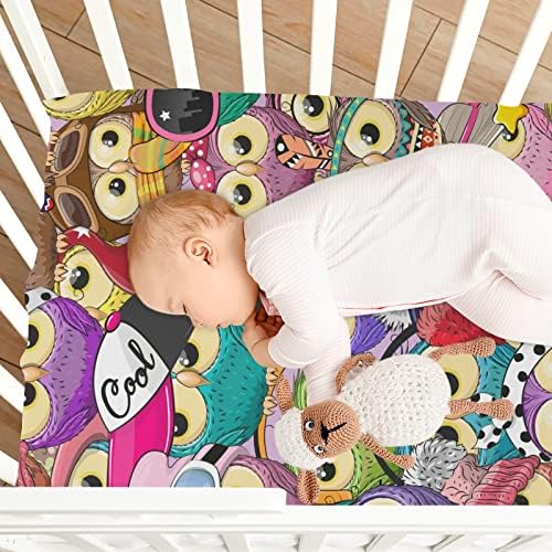 Kicpoay encaixou lençóis de berço corujas de desenhos animados engraçados lençóis portáteis de playard portátil para bebês crianças, mini berço respirável Mini Cribs 52 x 28 para meninos e meninas