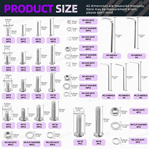 SWPEET 664PCS M2 M3 M4 M5 M6 MÉTRICA 304 Aço inoxidável Botão da cabeça Hex Hex Socket Tampar parafusos de parafusos e porcas hexadecimais