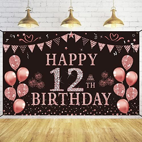 TRGOWAUL Feliz 12º aniversário decorações para meninas - Pink Rose Gold 12 Aniversário Banner de doze anos Festa de