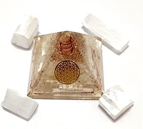 Sawcart Selenite Orgone Crystal Pyramid com Símbolo Flower of Life e 4 peças de Prosperidade Prosperidade de Energia Positiva