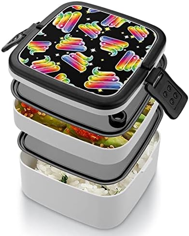 Caixa de lancheira de cocô arco-íris Box de camada dupla portátil Bento Caixa de grande capacidade Contêiner de alimentos com colher