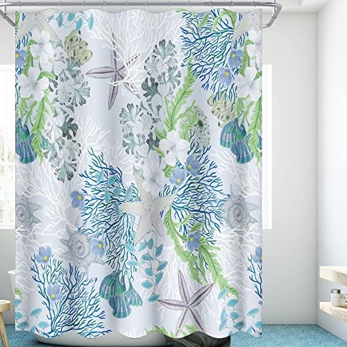 Curta de chuveiro costeiro praia praia estrela do mar de céal coral Coral Coral Curtains de chuveiro náutico Marinho Vida marinha Decoração de banheiro à prova d'água com 12 ganchos, 72x72 polegadas, azul