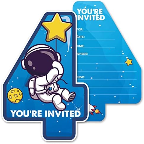 Espaço externo fofo 4º convites de festas com envelopes, 20 Conjunto Space Astronauta Quatro convites em forma de quarto aniversário