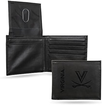 NCAA Virginia Cavaliers Billfold Bill Black Black- Premium premium 10 bolso com o logotipo da equipe gravada a laser no design de couro vegan-