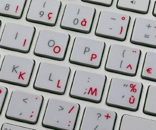 Os rótulos francosos e pegajosos do teclado são compatíveis com a Apple com letras vermelhas em fundo transparente para desktop,