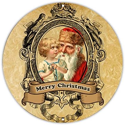 Decstic Welcome Sign Merry Christmas Round Tin Metal Metal Sign Vintage Wreath Santa está chegando sinal de natal Joy Wall